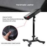 Solong tattoo armrest pad with callouts: handmade leather, high resilience foam for comfort, waterproof, and easy to clean.